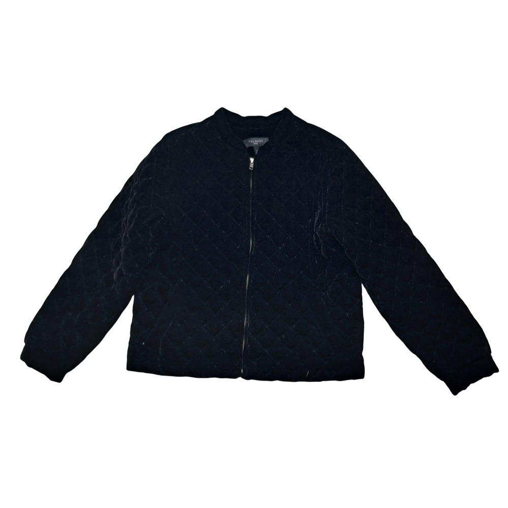 Talbots Velvet Quilted Bomber Jacket Women's Medium Petite Black Down Filled